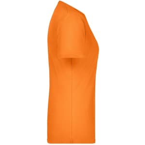 An orange women's t-shirt displayed from the side, featuring a slim fit and short sleeves. It has a logo on the side.