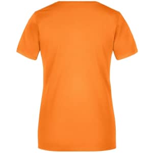 An orange ladies T-shirt with short sleeves and a rounded neckline, featuring a logo on the back.
