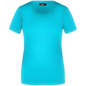 A teal women's t-shirt with a round neckline and short sleeves, featuring a logo.
