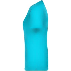 A turquoise T-shirt featuring a simple design with a logo on the side.