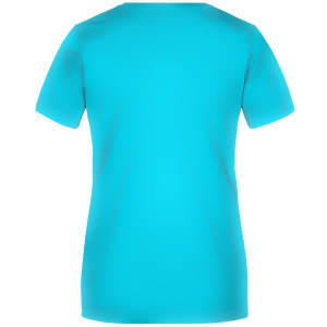 A light blue women's basic T-shirt with a round neck and short sleeves, featuring a logo.