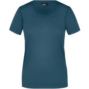 A teal ladies' T-shirt with short sleeves and a round neckline, featuring a brand logo.