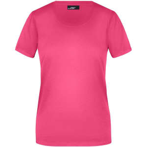 A pink ladies' T-shirt with a round neckline and short sleeves. It features a logo on the label.