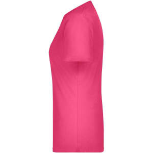 A pink t-shirt with short sleeves and a fitted design. The shirt has a logo on it.