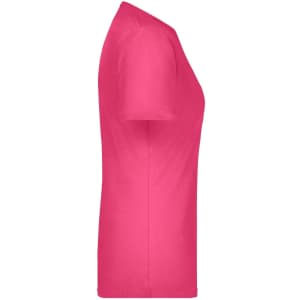 A pink ladies T-shirt with a fitted style, featuring a round neckline and short sleeves. It has a logo on the design.
