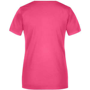 A pink ladies T-shirt with short sleeves and a plain back. The shirt features a logo on the neckline.