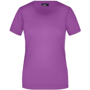 A purple Ladies Basic-T shirt with short sleeves and a rounded neckline, featuring a branding label.