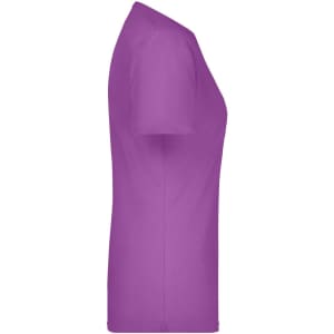 A purple T-shirt displayed from the side, featuring a fitted design and short sleeves. It has a branding logo.