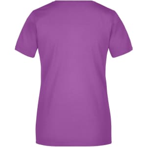 A plain purple T-shirt with short sleeves and a logo on the back.
