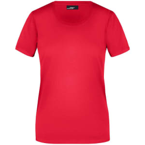 A red ladies T-shirt with a round neckline and short sleeves. It features a logo on the label.