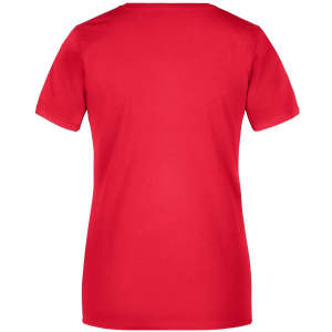 A red T-shirt with short sleeves and a plain back, featuring a logo on the upper back.