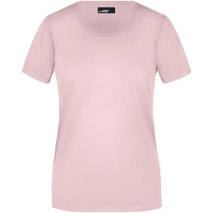 A light pink T-shirt with short sleeves and a round neckline. It features a logo on the tag.