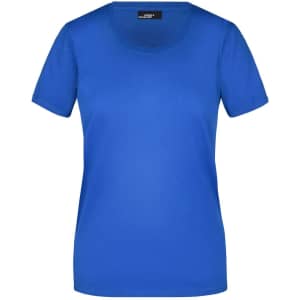 A royal blue t-shirt with short sleeves and a round neckline, featuring a logo on the label.