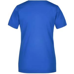 A blue t-shirt with short sleeves and a solid back design. Features a logo at the neckline.