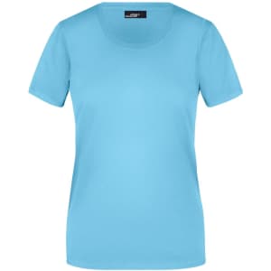 A light blue short-sleeved women's T-shirt with a round neckline and a logo on the label.