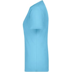 A side view of a light blue women's T-shirt. It features a simple design and includes a logo.