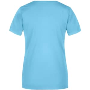 A plain blue women's T-shirt featuring short sleeves and a round neckline. The back view shows a smooth fabric finish.