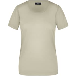 A women's short-sleeved T-shirt in a light beige colour, featuring a round neckline and a logo.