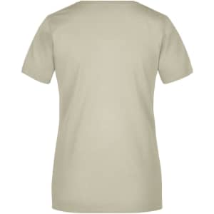 A plain, short-sleeved T-shirt in a soft beige colour, featuring a simple back design and a logo.