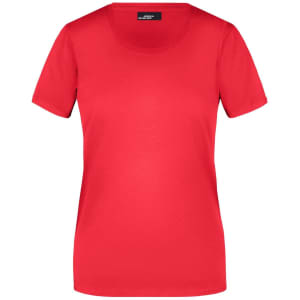 A red ladies basic T-shirt with a scoop neckline and short sleeves, featuring a branding logo.