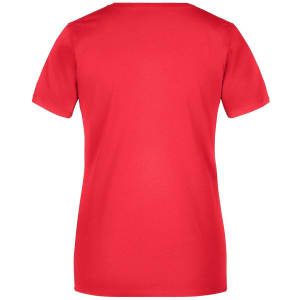 A red women's T-shirt with short sleeves and a plain back design, featuring a logo on the neck area.