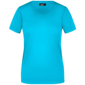 A turquoise ladies T-shirt with a round neckline and short sleeves. Features a logo on the label.