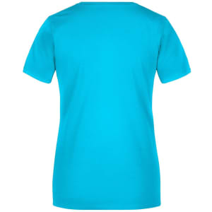 A turquoise Ladies Basic-T shirt featuring a round neckline and short sleeves. The back view shows a plain design.