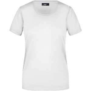 A plain white short-sleeved ladies’ T-shirt with a round neckline and a branding label.