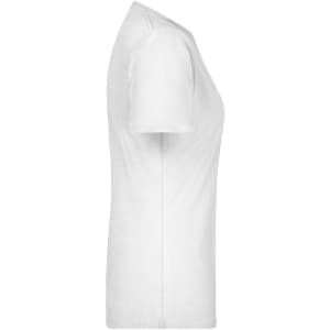 A white basic T-shirt displayed from the side view, featuring short sleeves and a fitted silhouette. It has a logo.