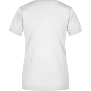 A plain white ladies' T-shirt featuring a short sleeve design and a branding logo.