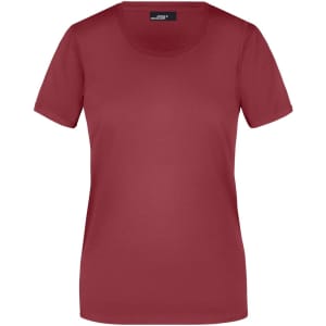 A maroon women's basic T-shirt with short sleeves and a round neckline, featuring a logo at the collar.