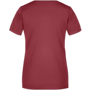 A maroon ladies T-shirt with a classic crew neck and short sleeves, featuring a logo on the back.