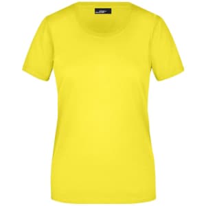 A bright yellow basic tee shirt with short sleeves and a round neckline. It features a logo on the label.