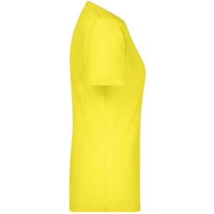 A bright yellow ladies basic T-shirt displayed from the side, featuring short sleeves and a logo.