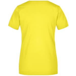 A yellow Ladies Basic-T shirt featuring a simple design and short sleeves, with a branding logo.