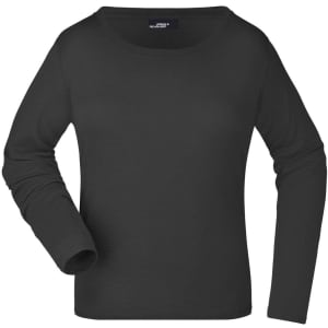 A black long-sleeve ladies' shirt with a round neck. The shirt features one extended arm and has a logo.