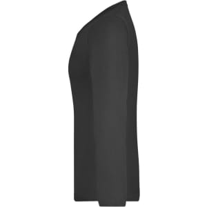 A long-sleeve ladies shirt in black, featuring a simple design and a logo on the fabric.
