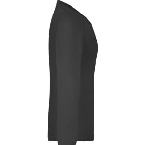 A black long-sleeved ladies' shirt displayed from the side, featuring a simple design and a logo.