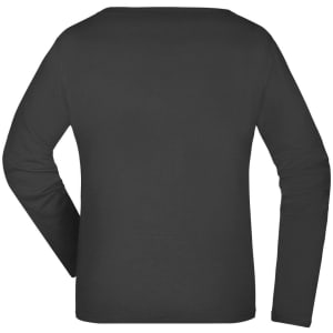 A black long-sleeved ladies shirt with a simple design and a rear view. It features a logo.