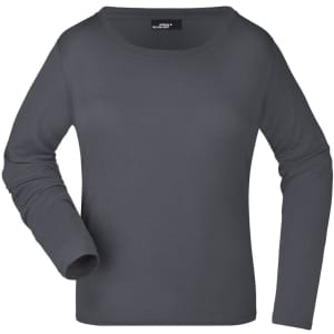 A long-sleeved, medium-sized ladies' shirt in a dark grey colour, featuring a round neckline and one branded label.