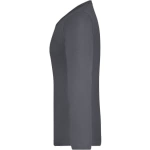 A long-sleeved, medium-sized ladies shirt in a dark grey colour, featuring a simple design. It has a branding logo.