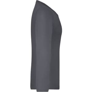 A long-sleeved grey ladies shirt with a fitted silhouette, featuring a logo on the side.