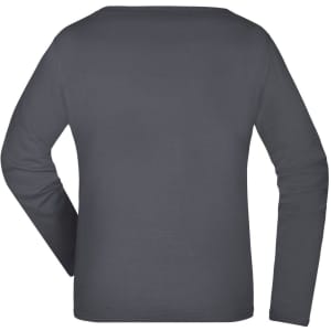 A grey long-sleeve ladies shirt with a simple design, featuring a logo on the back.