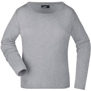 A grey long-sleeve ladies shirt with a round neckline and one visible sleeve. It features a logo.
