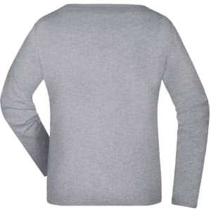 A grey long-sleeve ladies' shirt with a standard cut and a plain back design. Features a logo.