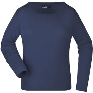 A navy blue long-sleeve ladies shirt with a round neckline and long sleeves, featuring a logo.