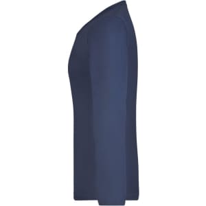 A navy blue long-sleeved ladies shirt with a side view, featuring a simple design and a logo.