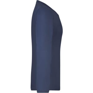 A navy long-sleeve ladies shirt displayed from the side, featuring a simple design and a branding logo.