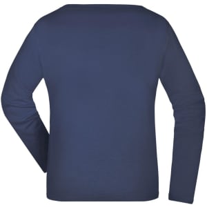 A navy long-sleeve ladies shirt displayed from the back. The shirt features a simple design and includes a logo.
