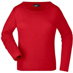 A red long-sleeved ladies' shirt with a round neckline and a label.